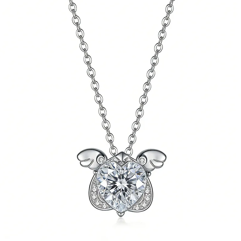 FX39551 S925 Silver 18K Gold Heart Moissanite Cute Small Angel Necklace Center Stone 8.0mm/2.0ct