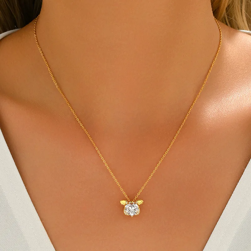 FX39551 S925 Silver 18K Gold Heart Moissanite Cute Small Angel Necklace Center Stone 8.0mm/2.0ct