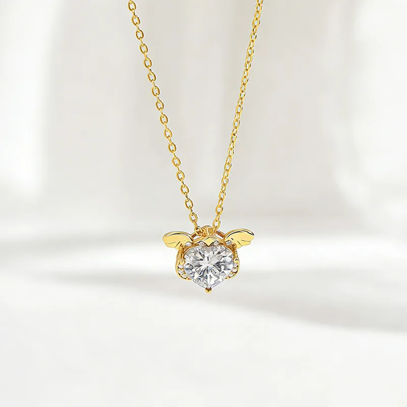 FX39551 S925 Silver 18K Gold Heart Moissanite Cute Small Angel Necklace Center Stone 8.0mm/2.0ct