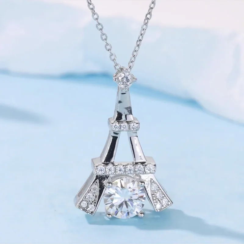 HZ1463WD S925 Silver 18K Gold Round Moissanite Romantic Necklace Center Stone 6.5mm/1.0ct