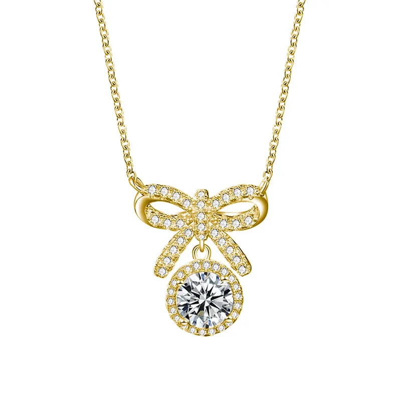 HZ1335EWD S925 Silver 18K Gold Round Moissanite Bow Necklace Center Stone 6.5mm/1.0ct