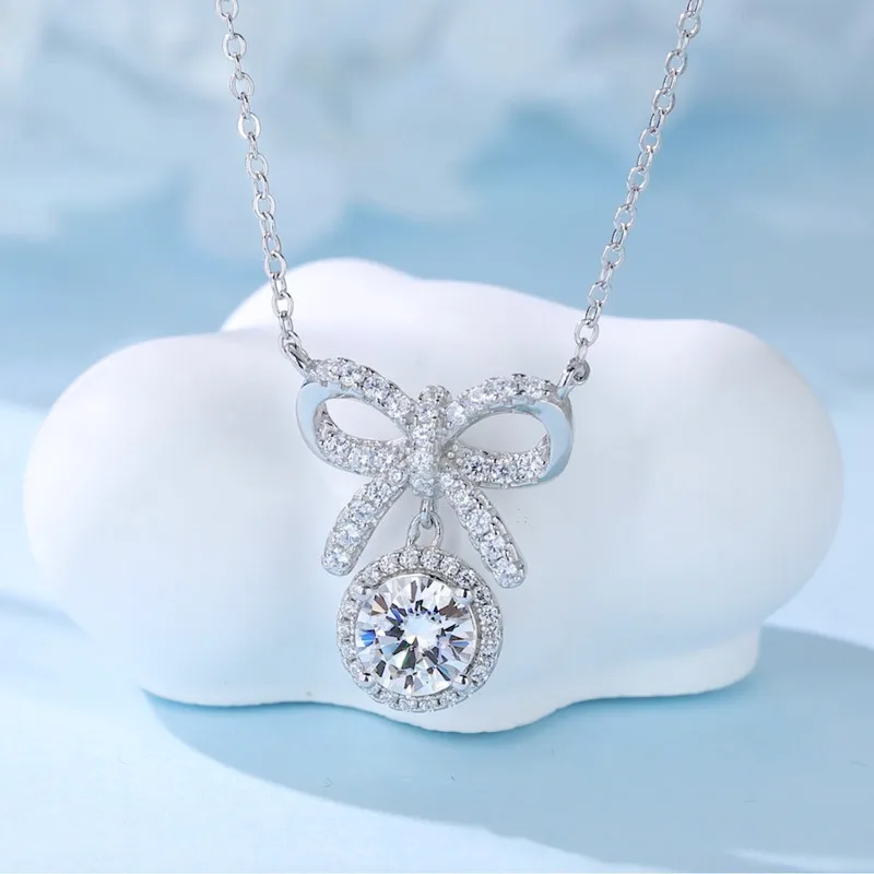 HZ1335EWD S925 Silver 18K Gold Round Moissanite Bow Necklace Center Stone 6.5mm/1.0ct
