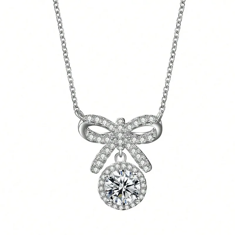 HZ1335EWD S925 Silver 18K Gold Round Moissanite Bow Necklace Center Stone 6.5mm/1.0ct
