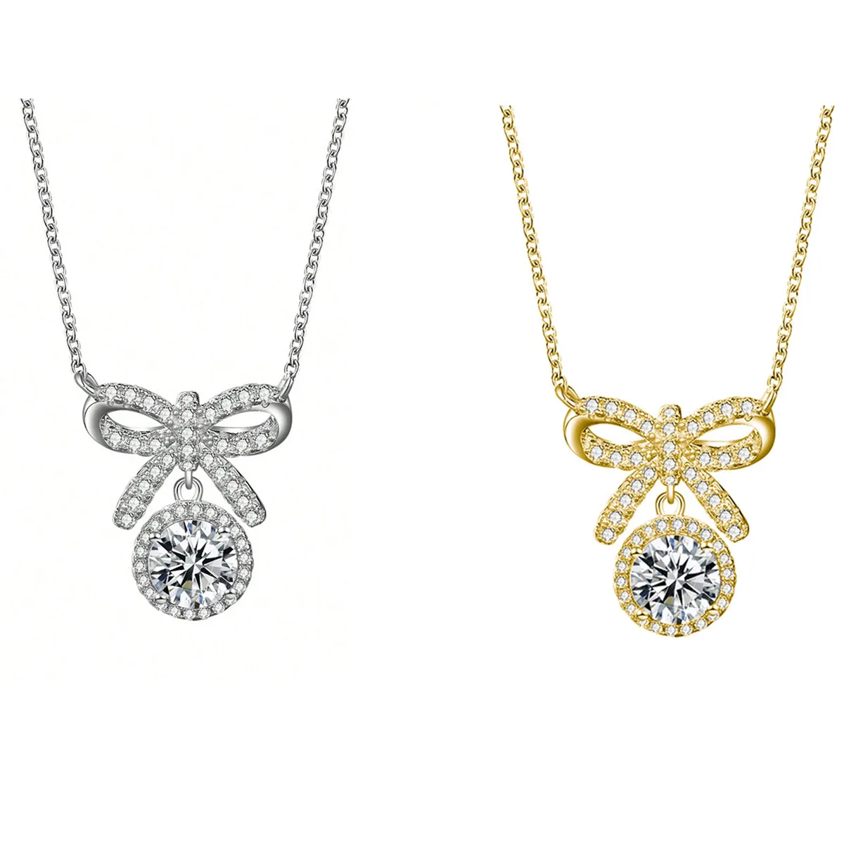 HZ1335EWD S925 Silver 18K Gold Round Moissanite Bow Necklace Center Stone 6.5mm/1.0ct