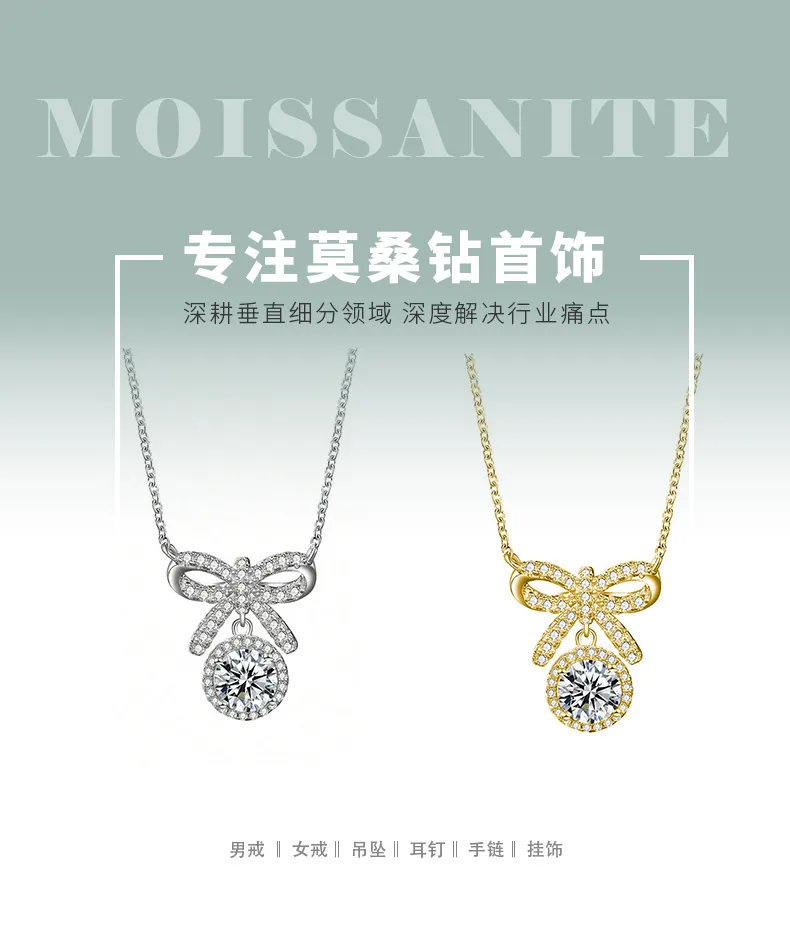 HZ1335EWD S925 Silver 18K Gold Round Moissanite Bow Necklace Center Stone 6.5mm/