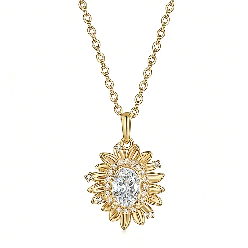 FX39889 S925 Silver 18K Gold Oval Moissanite Sunflower Necklace Center Stone 5*7mm/0.8ct
