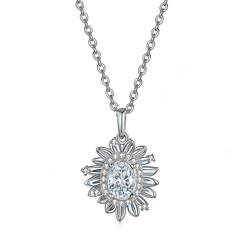 FX39889 S925 Silver 18K Gold Oval Moissanite Sunflower Necklace Center Stone 5*7mm/0.8ct