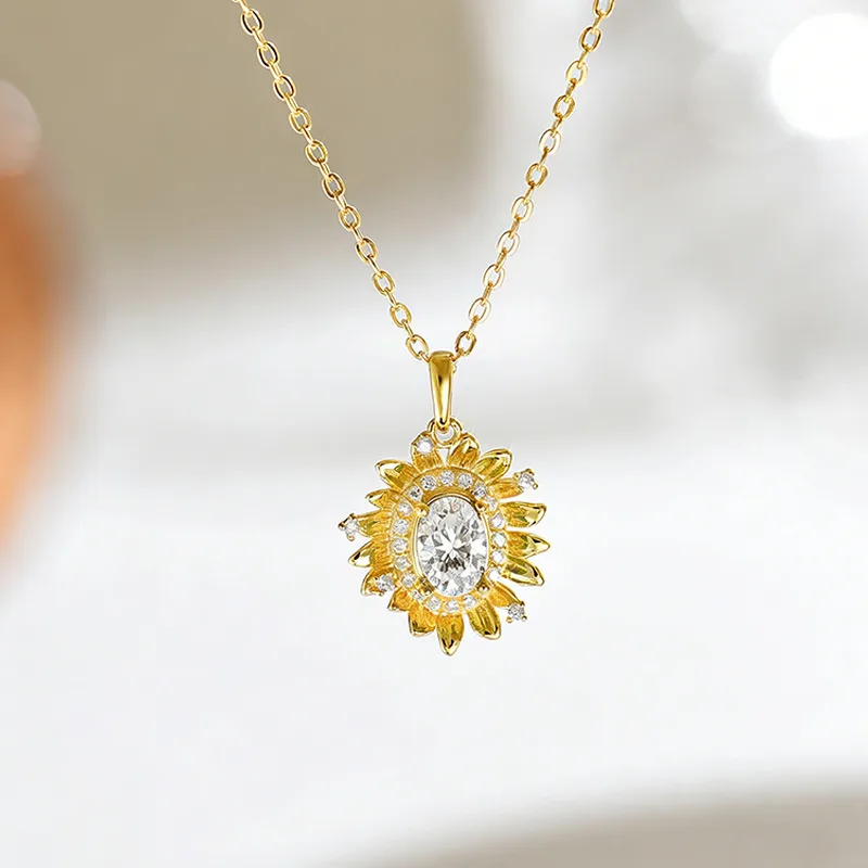 FX39889 S925 Silver 18K Gold Oval Moissanite Sunflower Necklace Center Stone 5*7mm/0.8ct