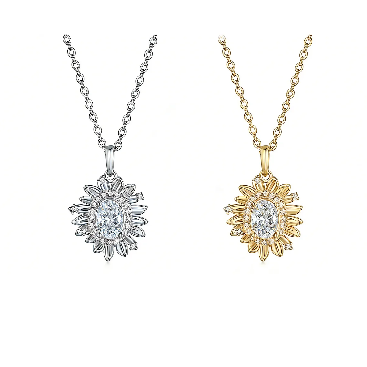 FX39889 S925 Silver 18K Gold Oval Moissanite Sunflower Necklace Center Stone 5*7mm/0.8ct
