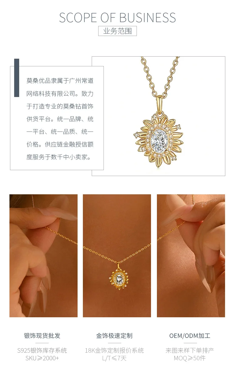 FX39889 S925 Silver 18K Gold Oval Moissanite Sunflower Necklace Center Stone 5*7