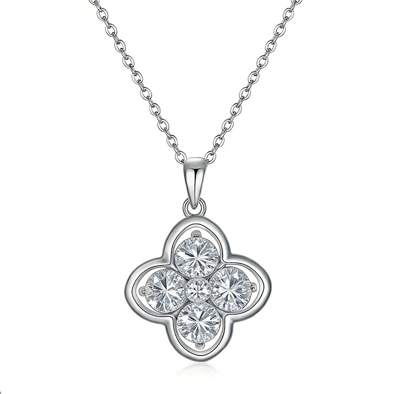 FX39917 S925 Silver 18K Gold Round Moissanite Lucky Four-Leaf Clover Necklace 2.0ct