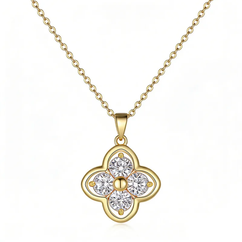 FX39917 S925 Silver 18K Gold Round Moissanite Lucky Four-Leaf Clover Necklace 2.0ct