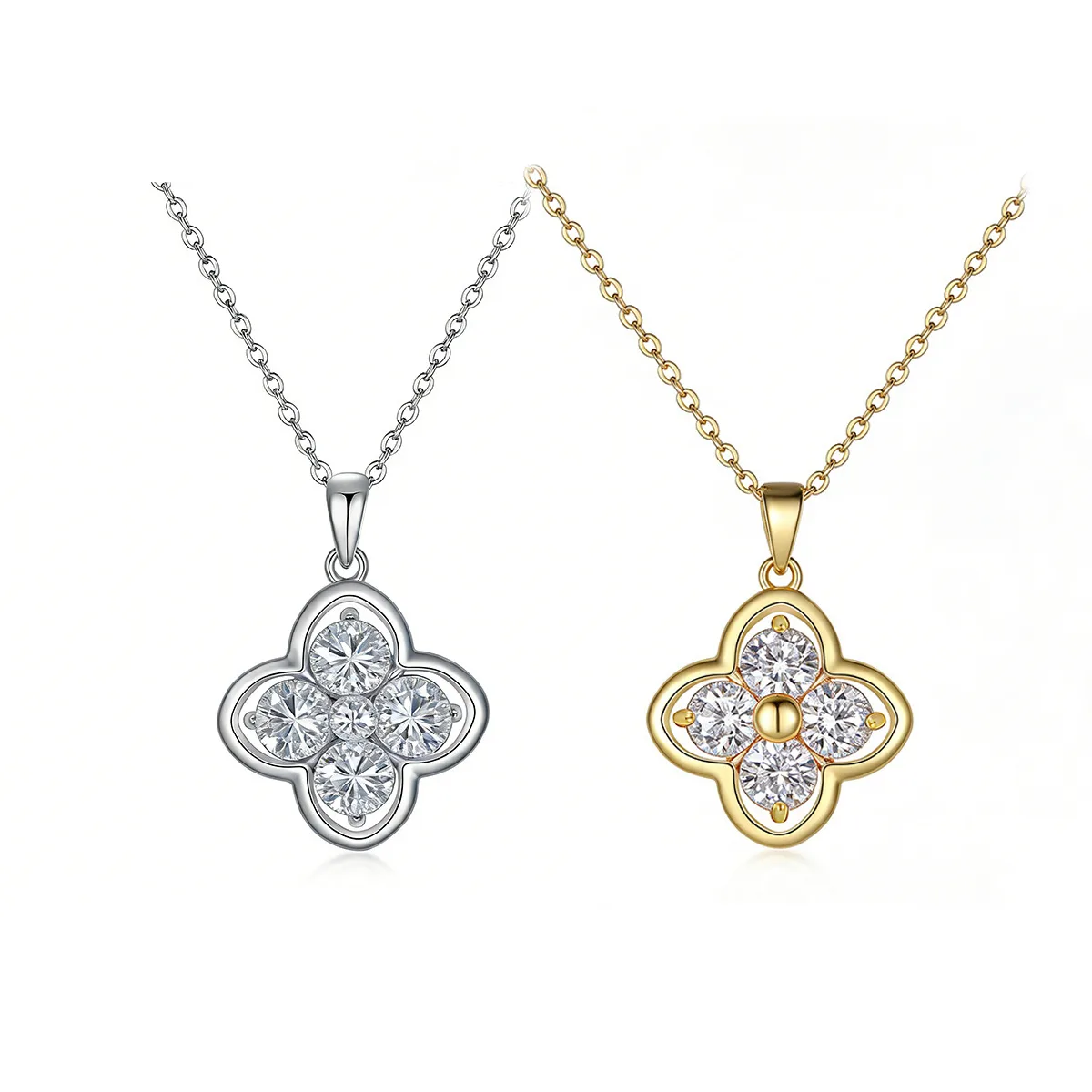 FX39917 S925 Silver 18K Gold Round Moissanite Lucky Four-Leaf Clover Necklace 2.0ct