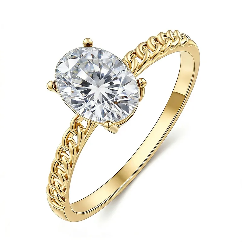 FX39511 S925 Silver 18K Gold Oval Moissanite Cuban Link Chain Clasp Proposal Ring Women's Ring Center Stone 8*6mm/1.5ct