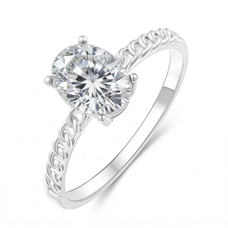 FX39511 S925 Silver 18K Gold Oval Moissanite Cuban Link Chain Clasp Proposal Ring Women's Ring Center Stone 8*6mm/1.5ct