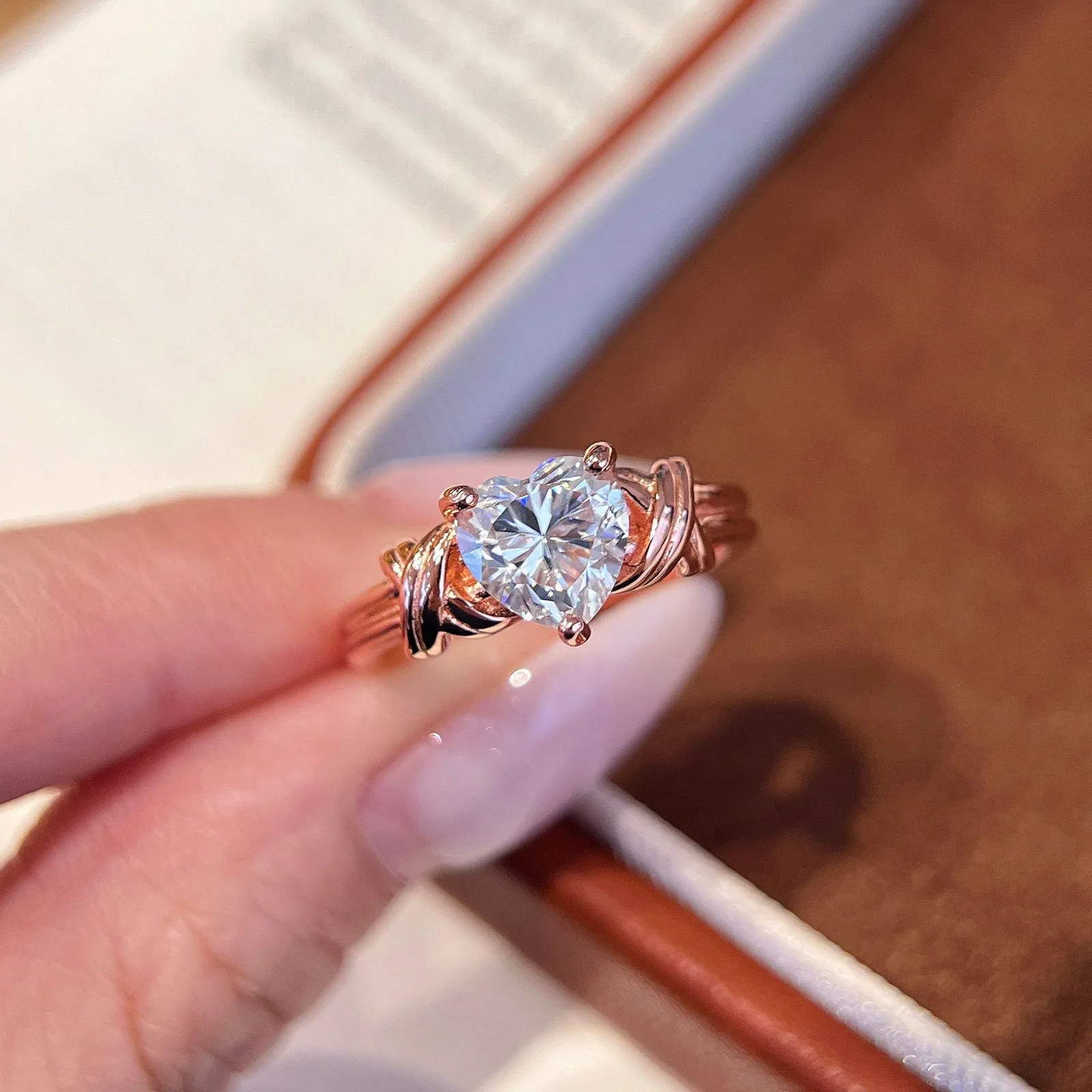 SN500 S925 Silver 18K Rose Gold Heart Moissanite Ring Band Fashion Confession Ring Women's Ring Center Stone 7*7mm/1.2ct