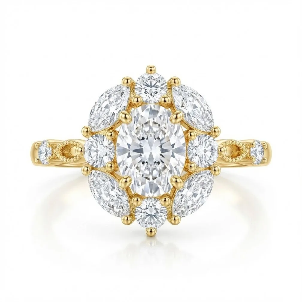 SN453 S925 Silver 18K Yellow Gold Oval Moissanite Flower Light Luxury Premium Engagement Ring Women's Ring Center Stone 7*5mm/1.0ct