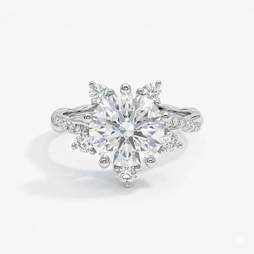 SN458 S925 Silver 18K White Gold Round Moissanite Romantic Snowflake Twisted-Band Wedding Band Women's Ring Center Stone 9.0mm/3.0ct