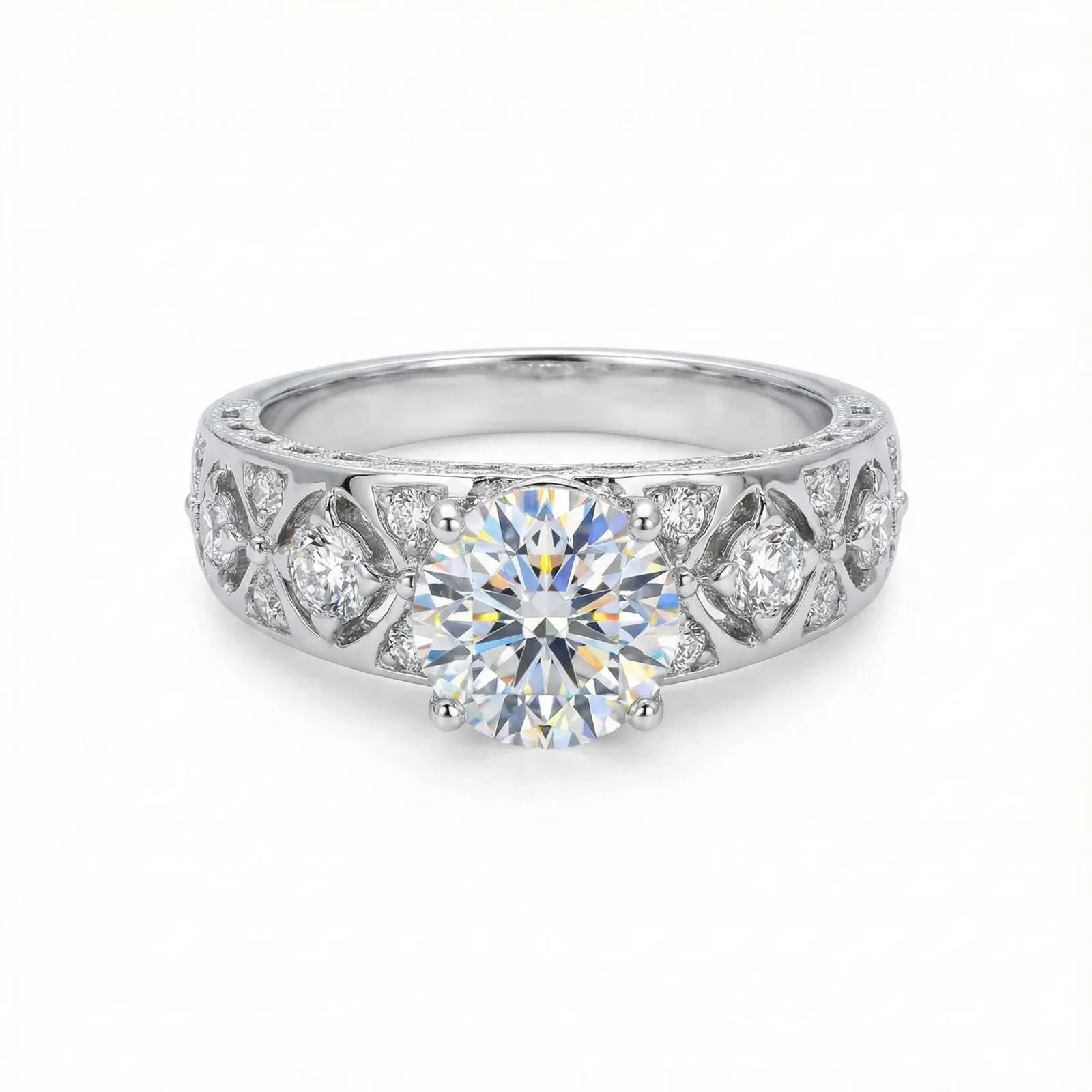 XY03 S925 Silver 18K White Gold Round Moissanite Baroque Anniversary Ring Women's Ring Center Stone 6.5mm/1.0ct