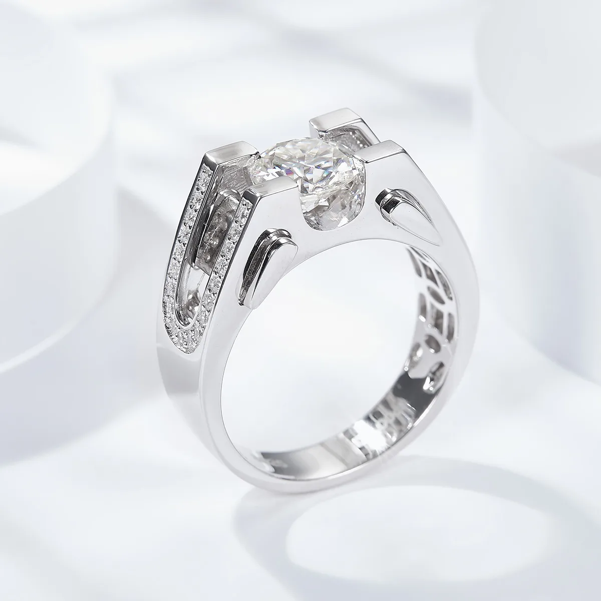 RM2010B Men's Ring S925 Silver 18K White Gold Round Moissanite Engagement Ring Men's Ring 1.0ct/2.0ct