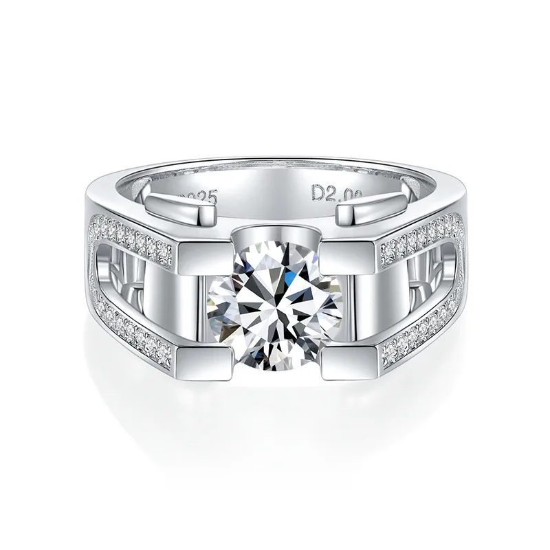 RM2010B Men's Ring S925 Silver 18K White Gold Round Moissanite Engagement Ring Men's Ring 1.0ct/2.0ct