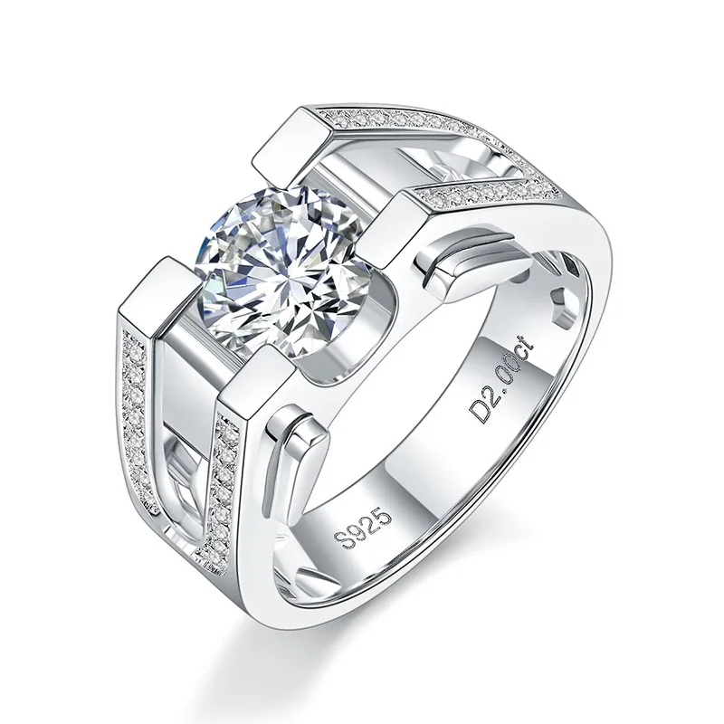 RM2010B Men's Ring S925 Silver 18K White Gold Round Moissanite Engagement Ring Men's Ring 1.0ct/2.0ct