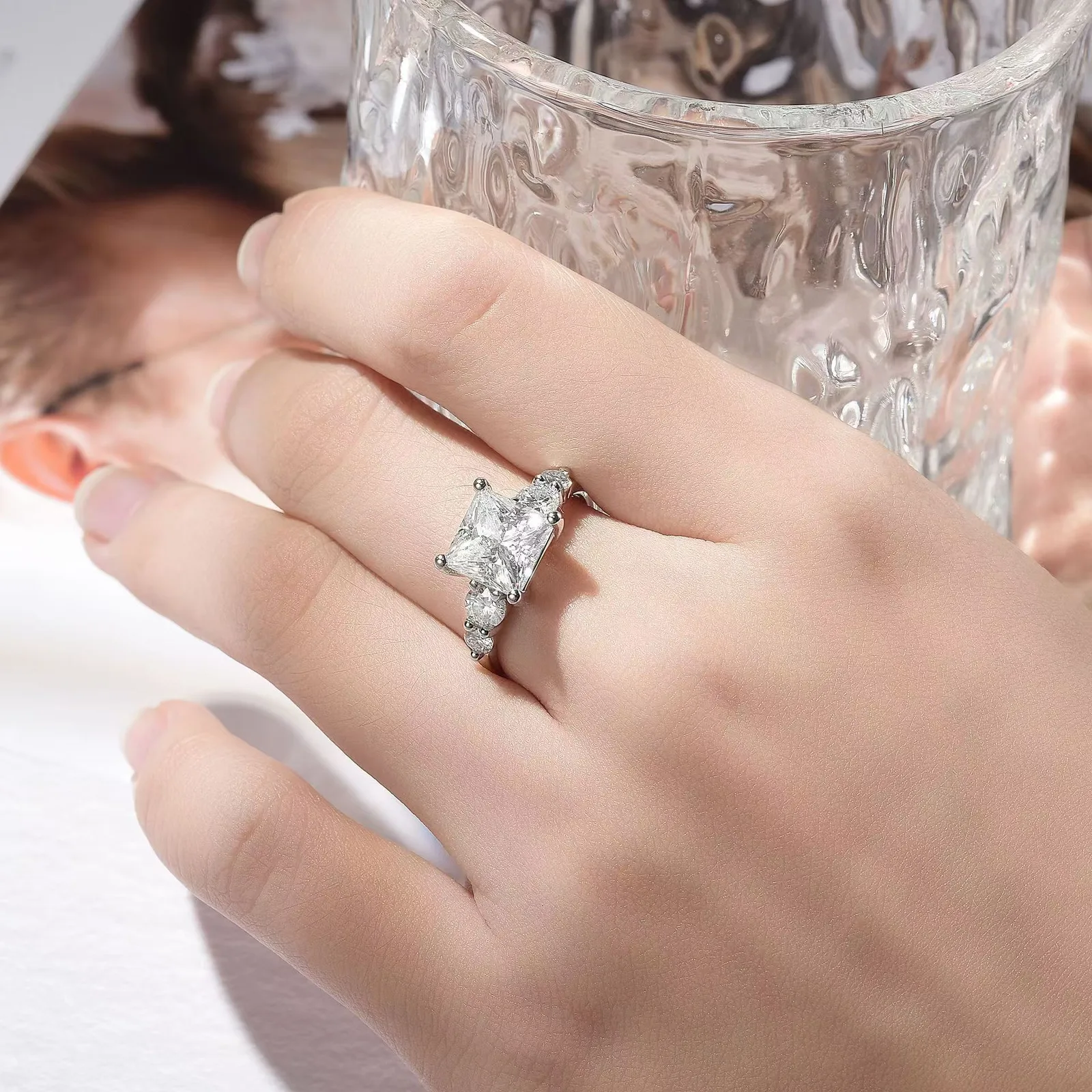 R3-0602 S925 Silver 18K White Gold Princess Moissanite Confession Ring Women's Ring Center Stone 8*8mm/3ct