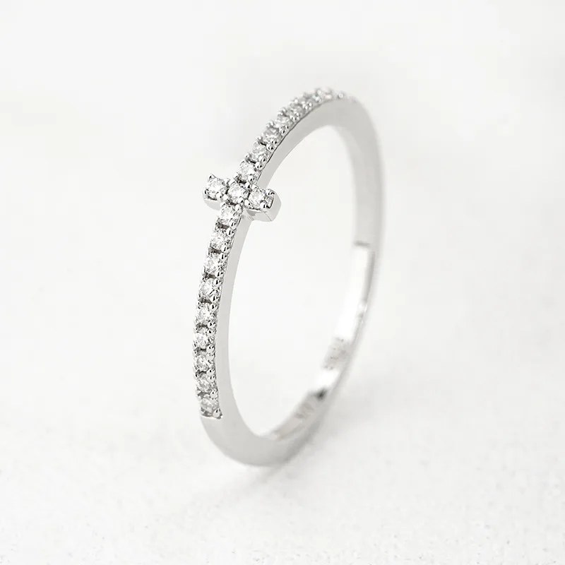 R3-0675 Cross S925 Silver 18K White Gold Round Moissanite Confession Ring Band Ring 0.17ct