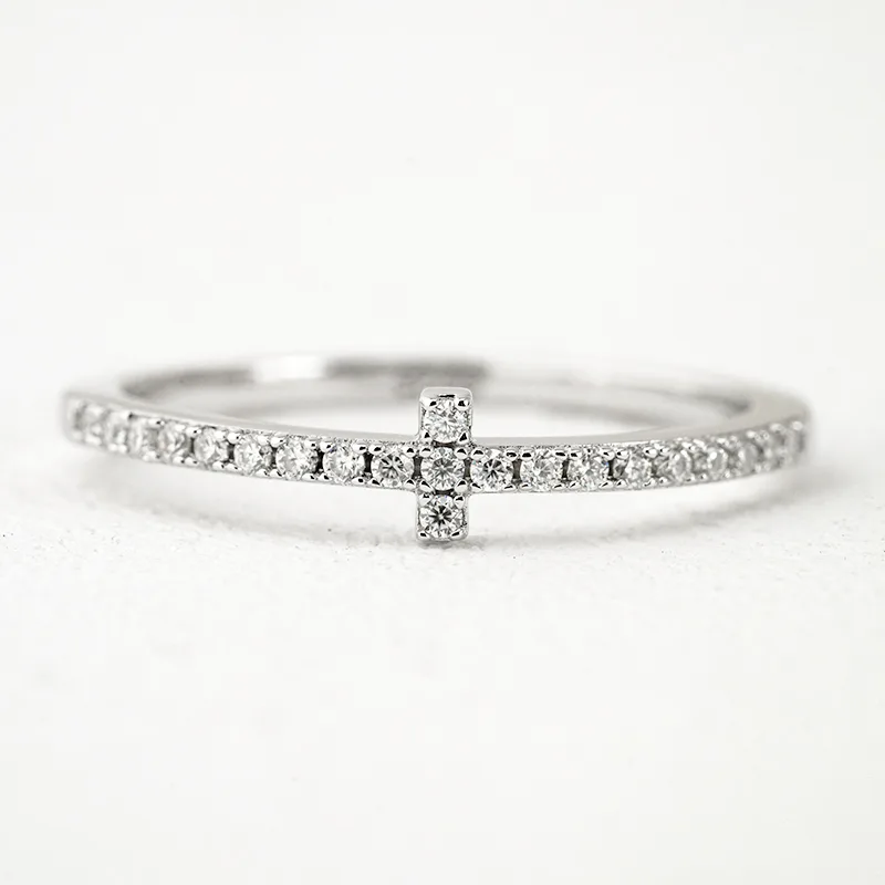 R3-0675 Cross S925 Silver 18K White Gold Round Moissanite Confession Ring Band Ring 0.17ct