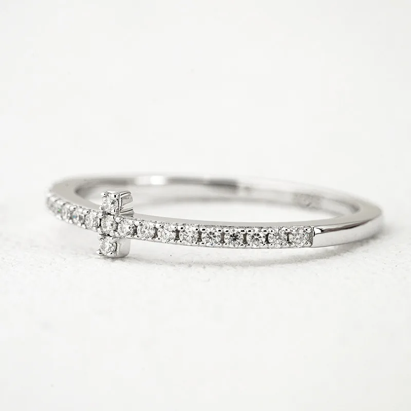 R3-0675 Cross S925 Silver 18K White Gold Round Moissanite Confession Ring Band Ring 0.17ct