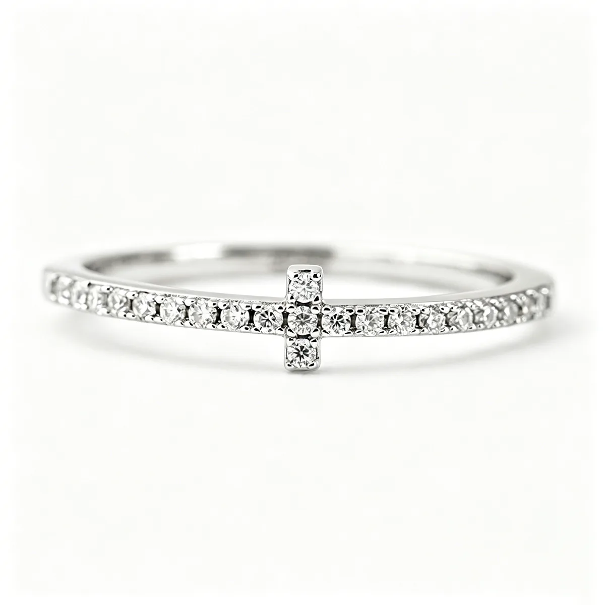 R3-0675 Cross S925 Silver 18K White Gold Round Moissanite Confession Ring Band Ring 0.17ct