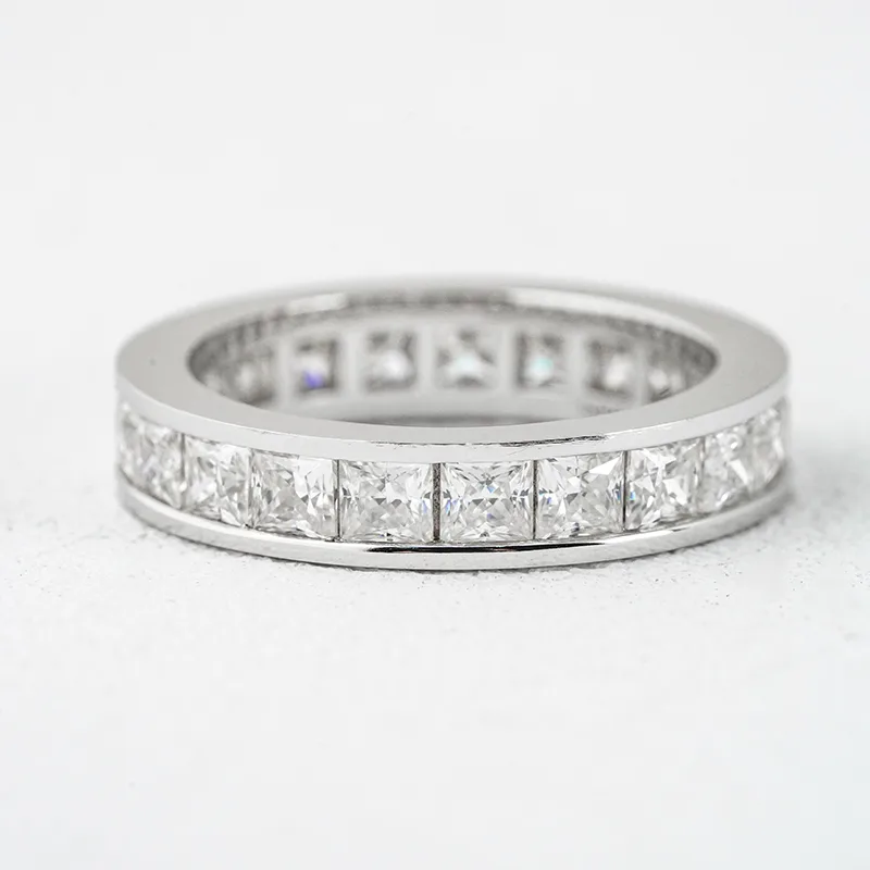 R3-0641 S925 Silver 18K White Gold Princess Moissanite Full Pavé Wedding Band Ring 6.6ct