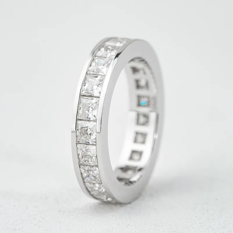 R3-0641 S925 Silver 18K White Gold Princess Moissanite Full Pavé Wedding Band Ring 6.6ct