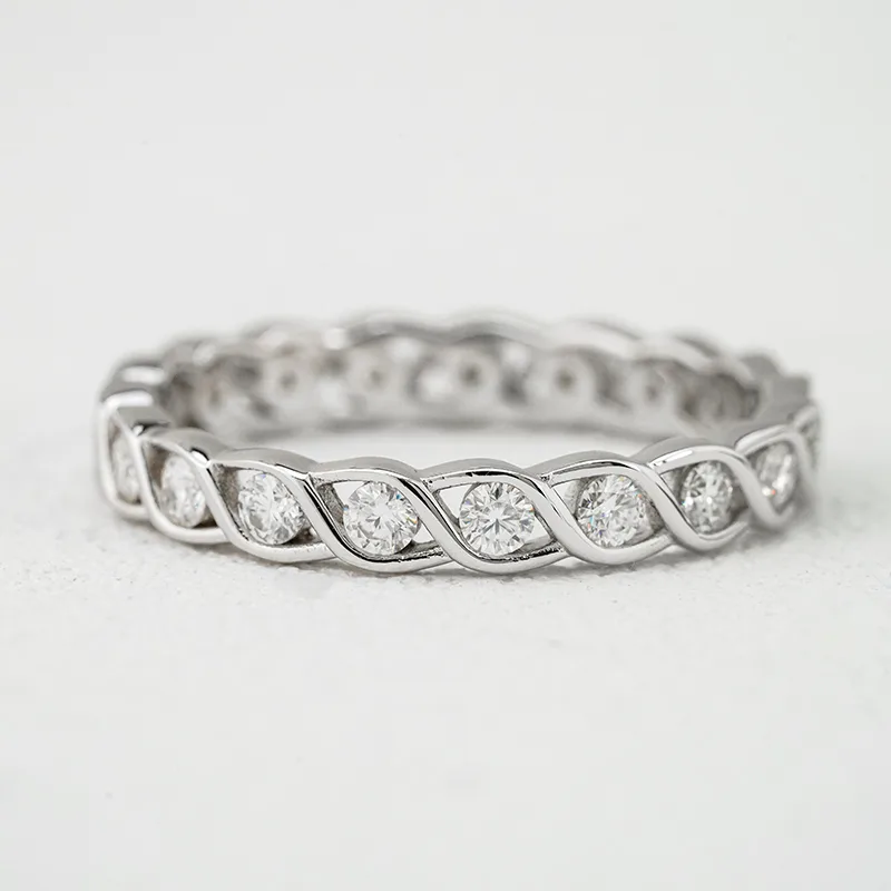 R3-0673 S925 Silver 18K White Gold Round Moissanite Anniversary Ring Band Ring 0.4ct