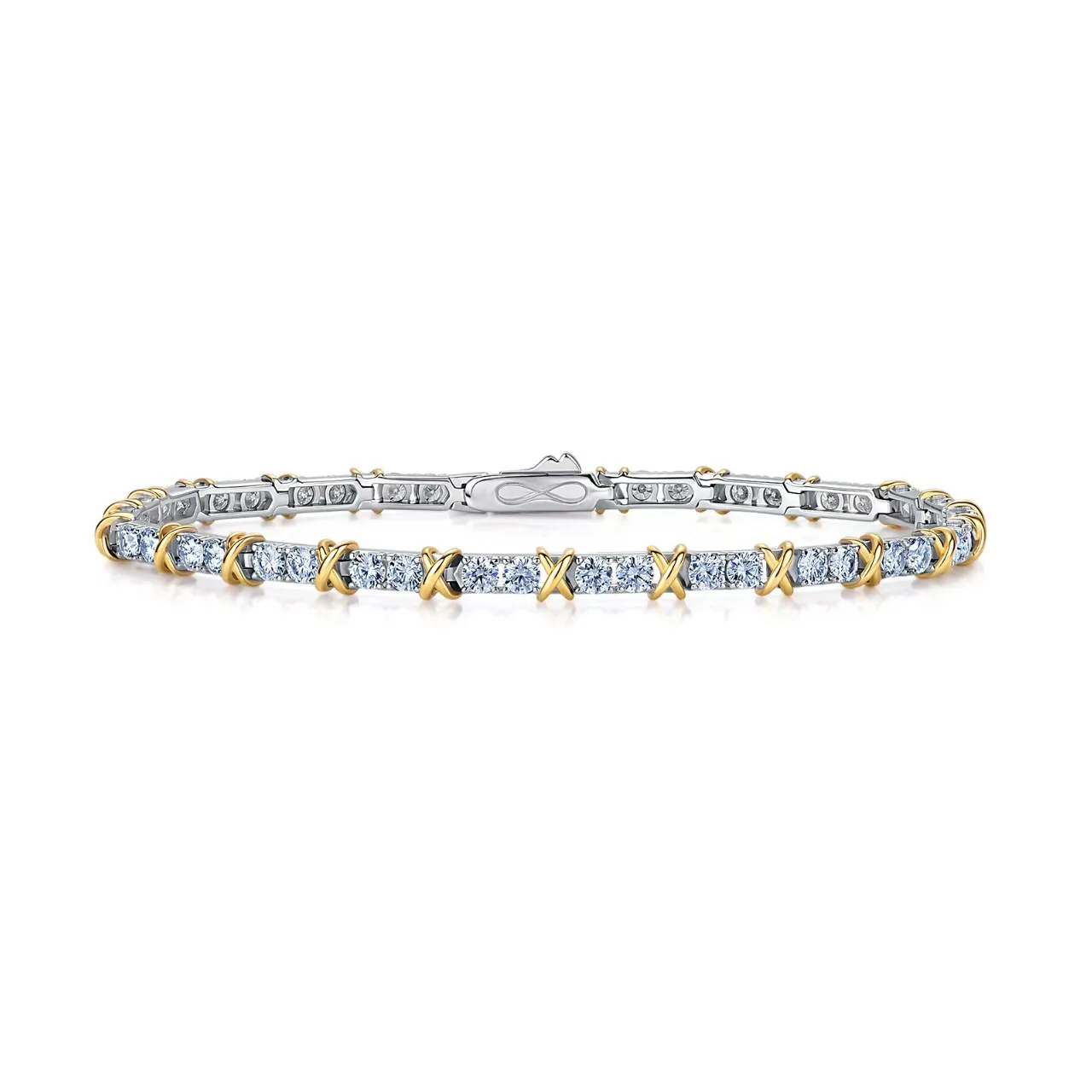 SB0383813-3.0mm S925 Silver 18K Gold Round Moissanite X Bracelet 3.0mm/ Stones/ 3.6ct