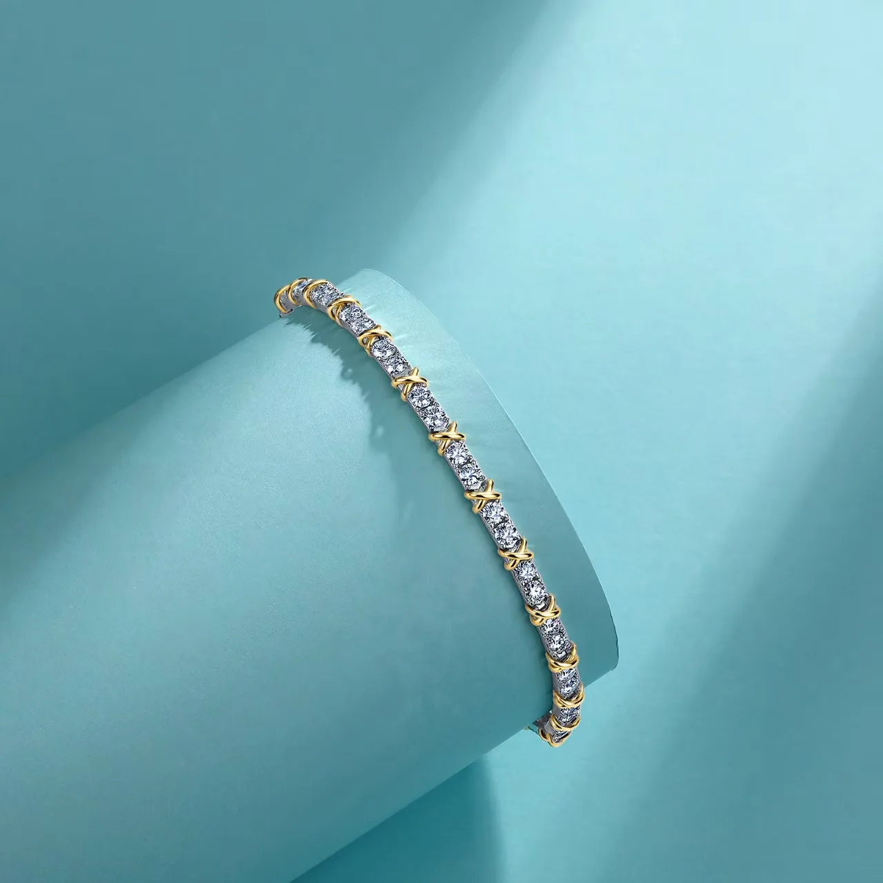 SB0383813-3.0mm S925 Silver 18K Gold Round Moissanite X Bracelet 3.0mm/ Stones/ 3.6ct