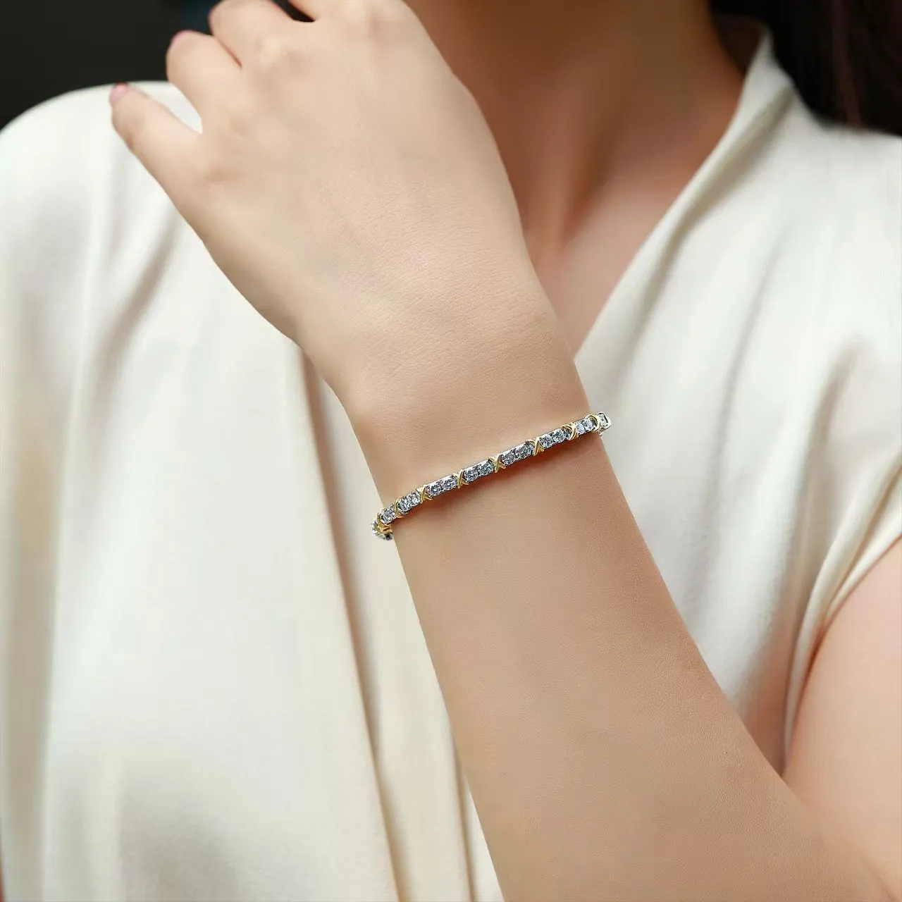 SB0383813-3.0mm S925 Silver 18K Gold Round Moissanite X Bracelet 3.0mm/ Stones/ 3.6ct
