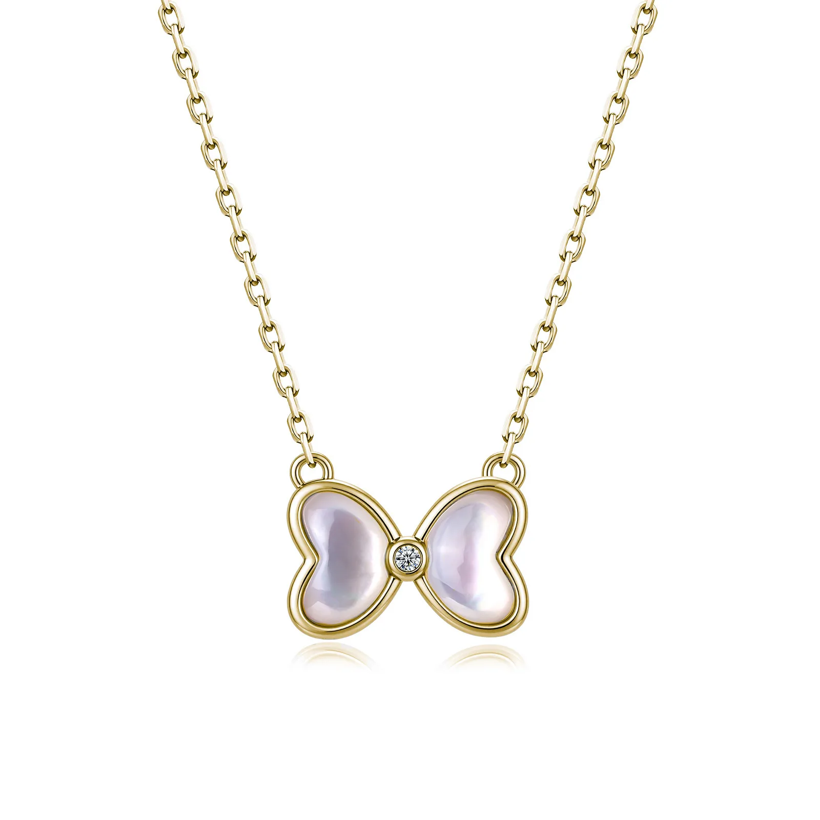 MP2491 S925 Silver 18K Gold Moissanite White Cute Bow Necklace 0.015ct