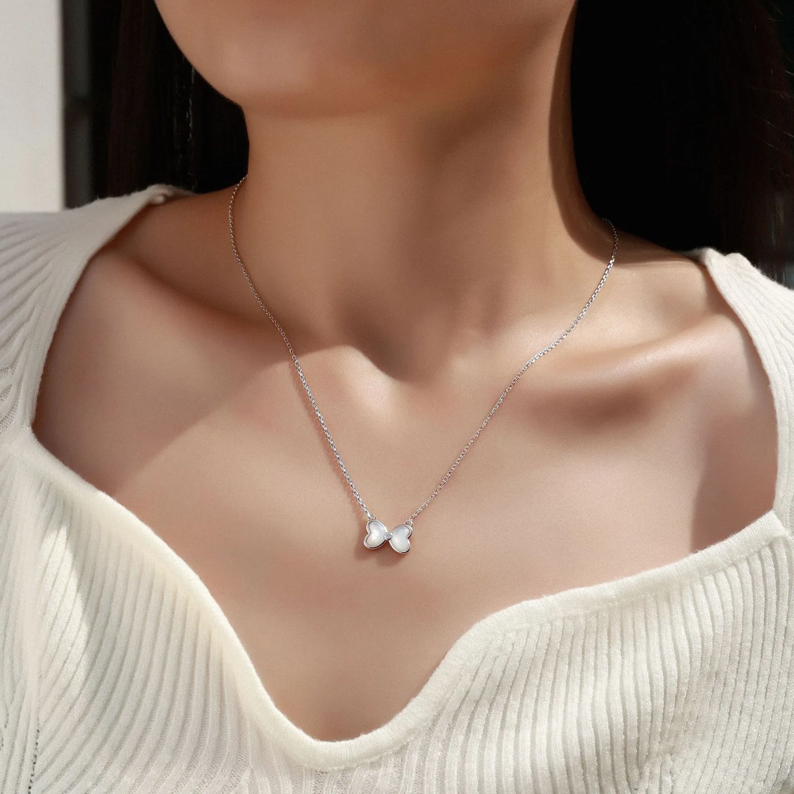 MP2491 S925 Silver 18K Gold Moissanite White Cute Bow Necklace 0.015ct
