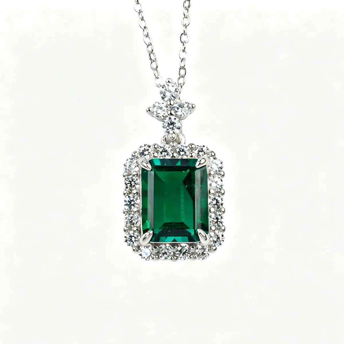 P0895 S925 Silver 18K White Gold Emerald Cut Lab-Grown Gemstone Necklace Center Stone 10*8mm/4.31ct