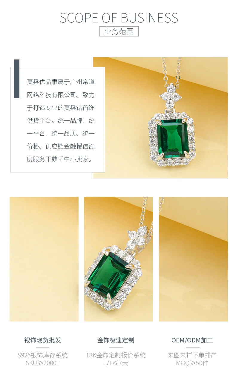 P0895 S925 Silver 18K White Gold Emerald Cut Lab-Grown Gemstone Necklace Center 