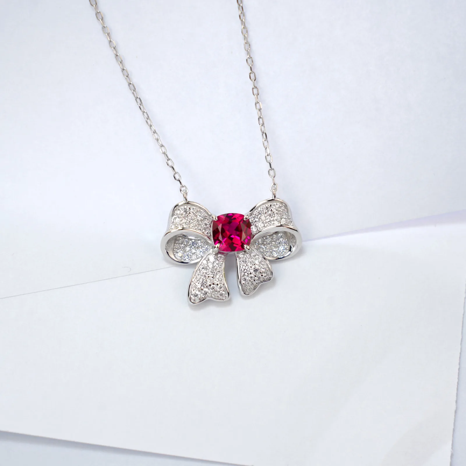 N202307 S925 Silver 18K White Gold Cushion Lab-Grown Gemstone Necklace Center Stone 7*7mm/1.31ct