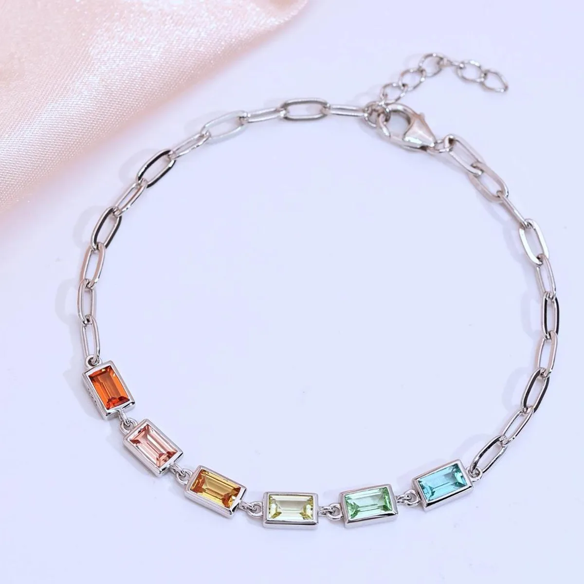 UCB0002- Rectangle Plated 18K White Gold Lab-Grown Gemstone Bracelet 5*3mm/ Stones