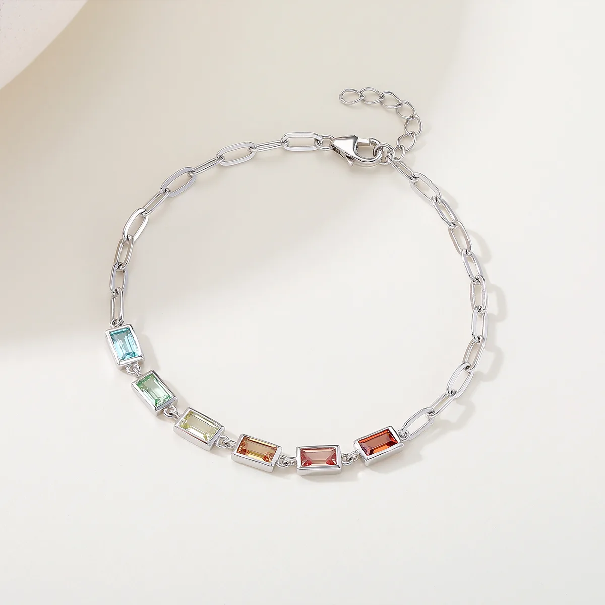 UCB0002- Rectangle Plated 18K White Gold Lab-Grown Gemstone Bracelet 5*3mm/ Stones