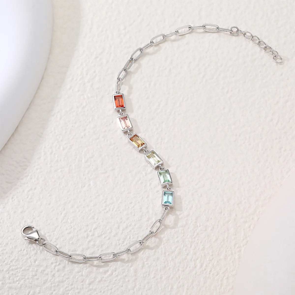 UCB0002- Rectangle Plated 18K White Gold Lab-Grown Gemstone Bracelet 5*3mm/ Stones