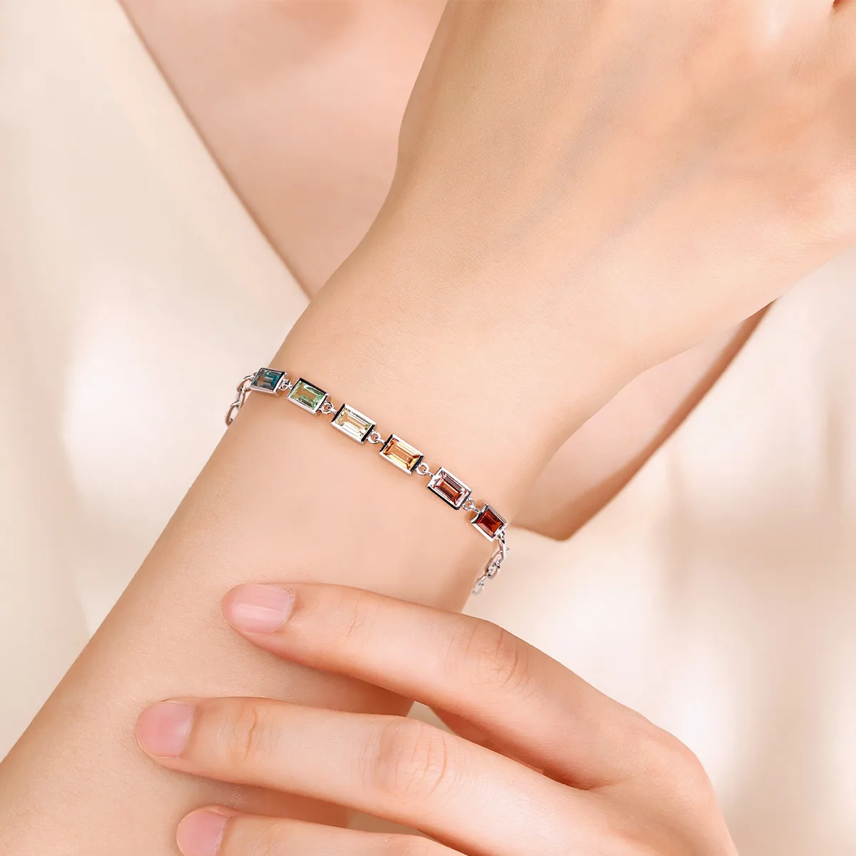 UCB0002- Rectangle Plated 18K White Gold Lab-Grown Gemstone Bracelet 5*3mm/ Stones