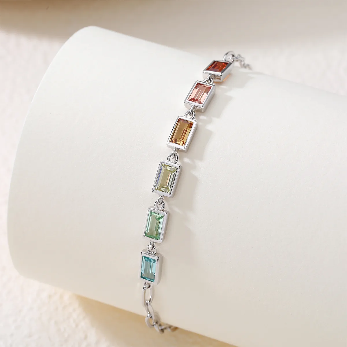 UCB0002- Rectangle Plated 18K White Gold Lab-Grown Gemstone Bracelet 5*3mm/ Stones
