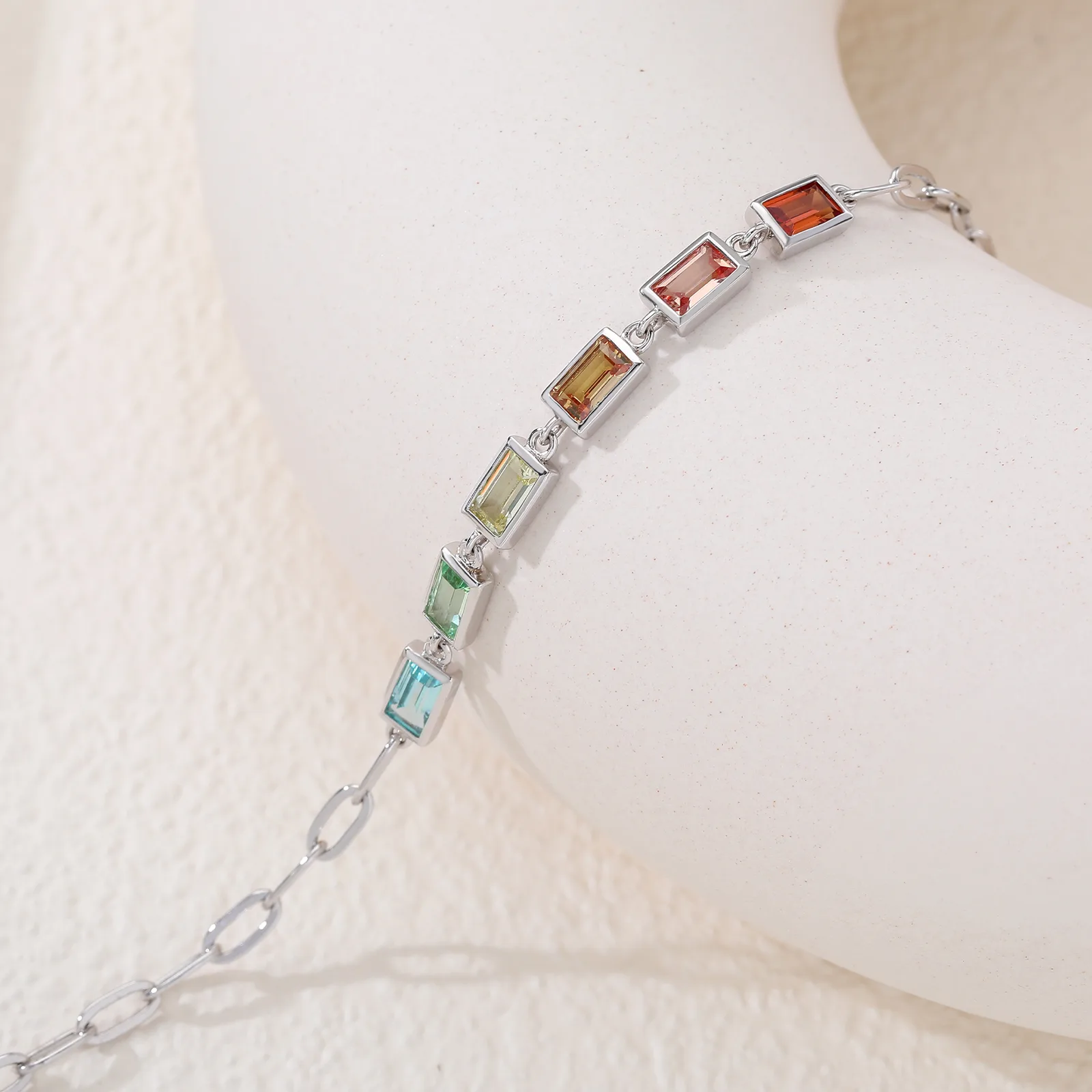 UCB0002- Rectangle Plated 18K White Gold Lab-Grown Gemstone Bracelet 5*3mm/ Stones
