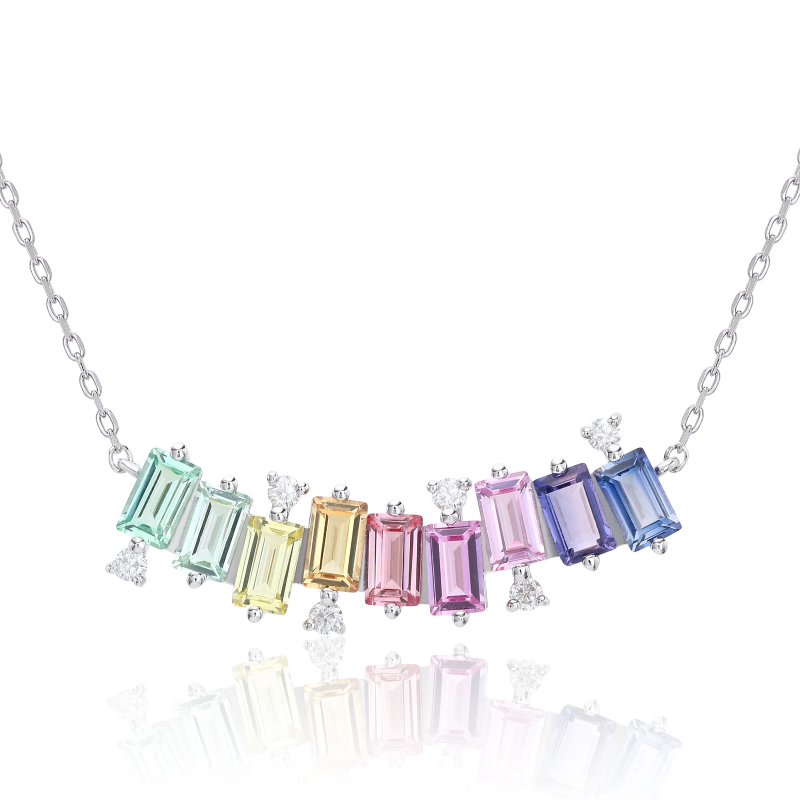 LCB0024- Rainbow Silver 18K White Gold Rectangle Lab-Grown Gemstone Moissanite Necklace 3.15CT