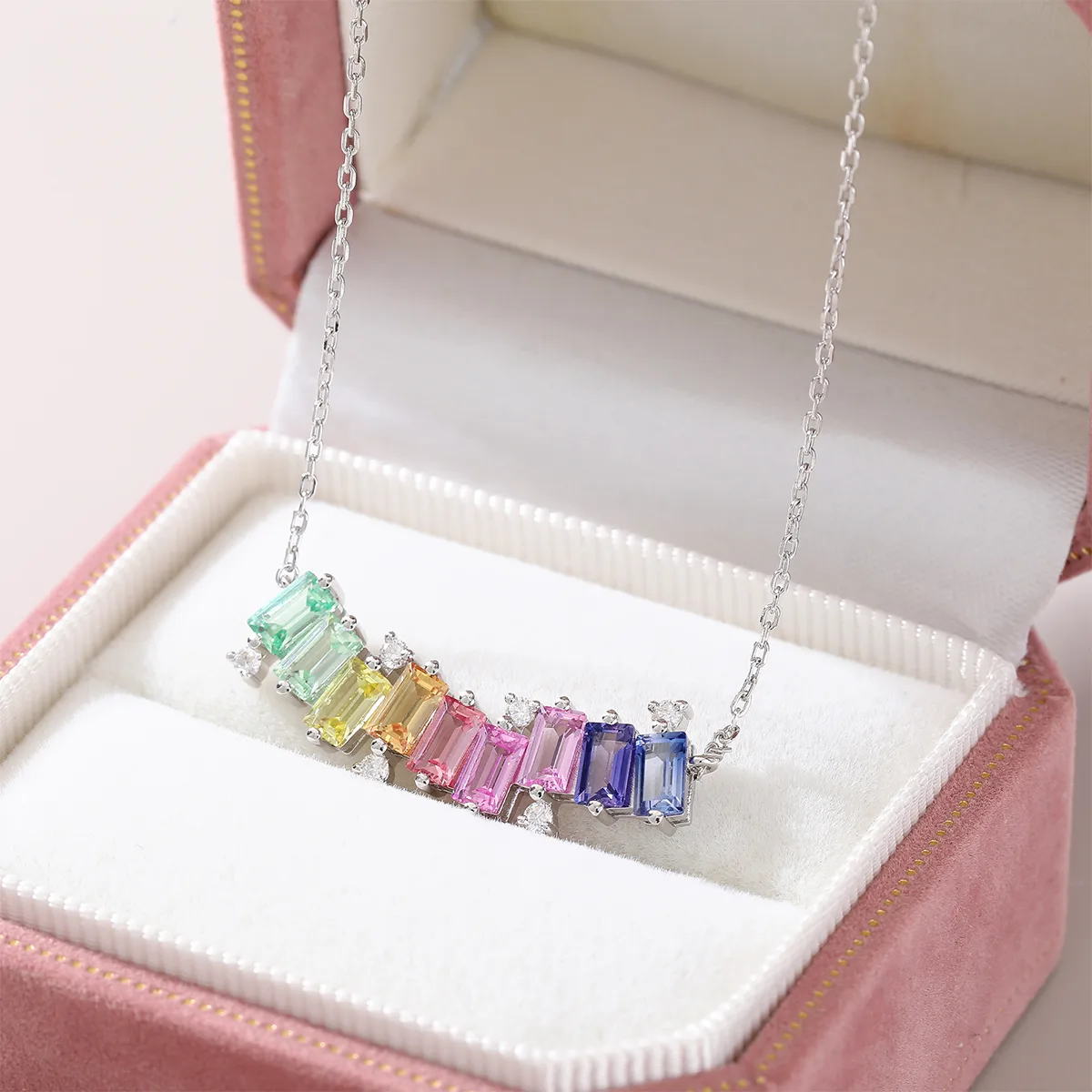LCB0024- Rainbow Silver 18K White Gold Rectangle Lab-Grown Gemstone Moissanite Necklace 3.15CT